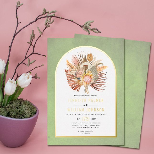 Dried palms, pampas grass sage green wedding gold foil invitation (Creator Uploaded)