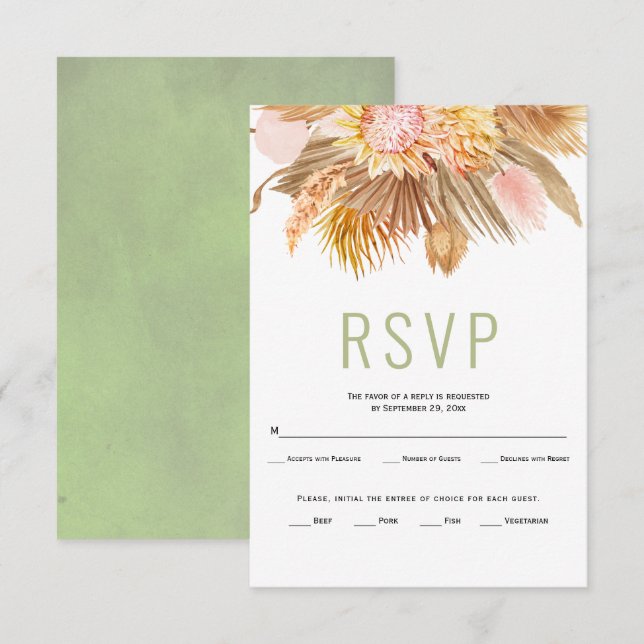 Dried palms, pampas grass sage green wedding RSVP (Front/Back)