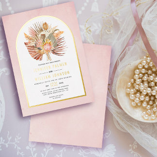 Dried palms, pampas grass soft pink wedding real foil invitation