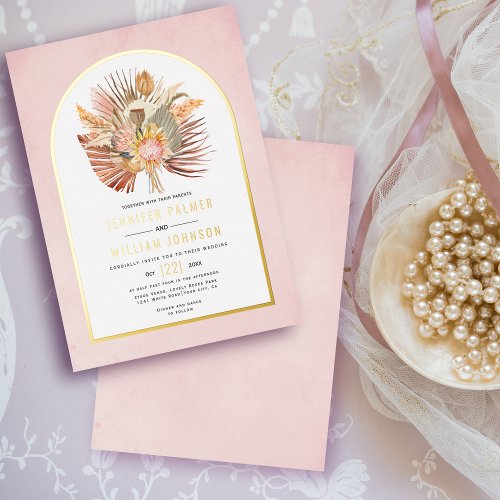 Dried palms pampas grass soft pink wedding real foil invitation
