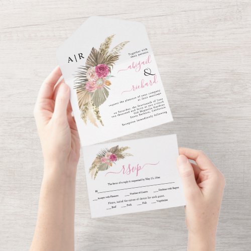 Dried pampas grass and palm leaves boho wedding al all in one invitation