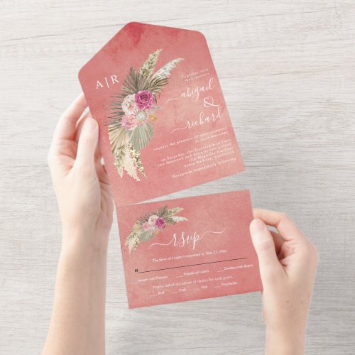 Dried pampas grass palm leaves coral pink wedding all in one invitation