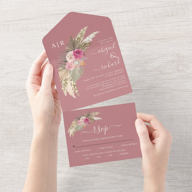Dried pampas grass palm leaves dusty rose wedding all in one invitation (Tearaway)
