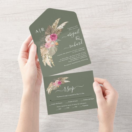 Dried pampas grass palm leaves green wedding all in one invitation