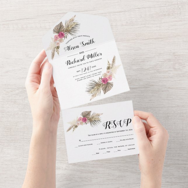 Dried pampas grass, palm leaves, roses wedding all all in one invitation (Tearaway)