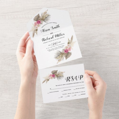 Dried pampas grass palm leaves roses wedding all all in one invitation