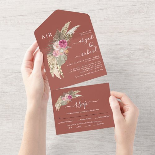 Dried pampas grass palm leaves terracotta wedding all in one invitation