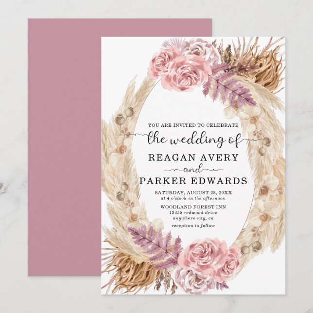 Dried Pampas Grass Rose and Purple Floral Wedding Invitation (Front/Back)