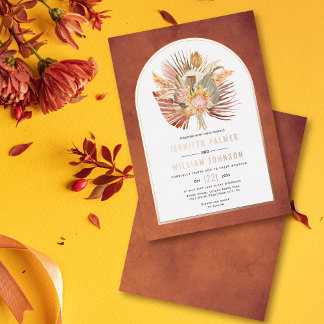 Dried pampas grass terracotta wedding rose gold foil invitation
