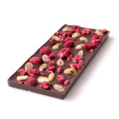 Dried Raspberry and Roasted Pistachio Chocomize Dark Chocolate Bar (Angled)