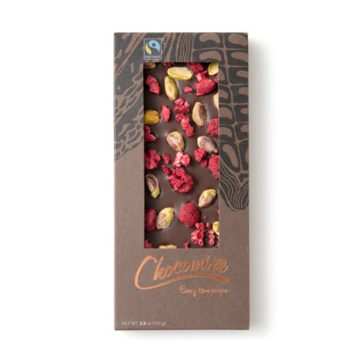 Dried Raspberry and Roasted Pistachio Chocomize Dark Chocolate Bar (In Package)