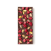 Dried Raspberry and Roasted Pistachio Chocomize Dark Chocolate Bar (Front)