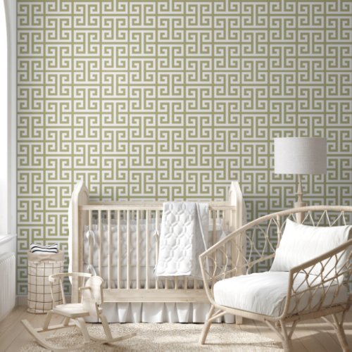 Dried Sage and White Greek Key Wallpaper