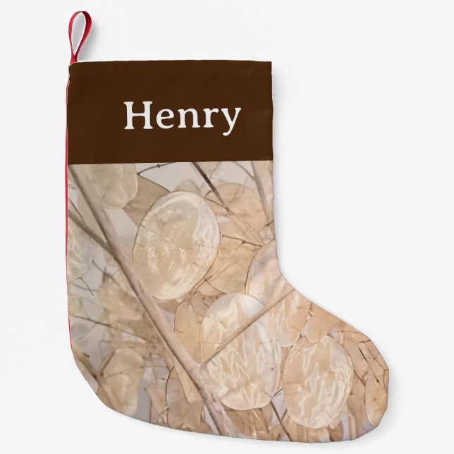 Dried Silver Dollar Photo Custom Name Brown Small Christmas Stocking (Front)