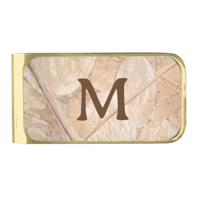 Dried Silver Dollar Photo Custom Single Initial Gold Finish Money Clip (Front)