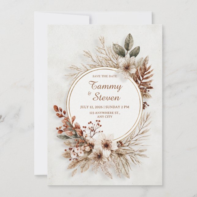 Dried Tan Foliage Earthy Gold Circle Wedding Invitation (Front)