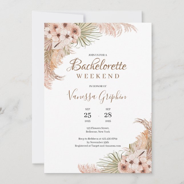 Dried Tropical Flowers Pampas Grass Bachelorette   Invitation (Front)