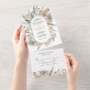 Dried Tropical Palm Pampas Grass Floral Wedding All In One Invitation