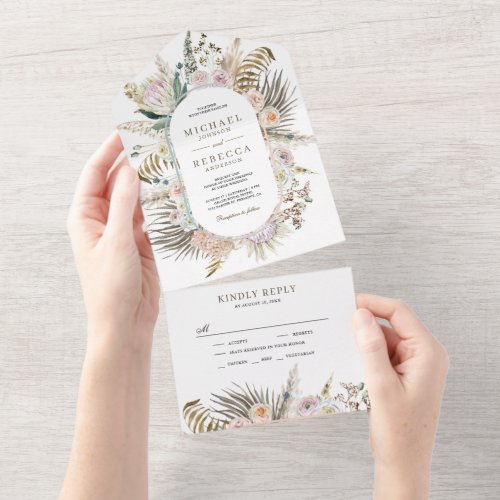 Dried Tropical Palm Pampas Grass Floral Wedding All In One Invitation