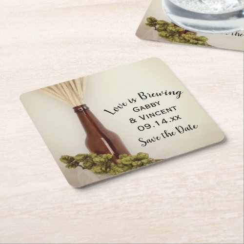 Dried Wheat and Hops Brewery Wedding Save the Date Square Paper Coaster