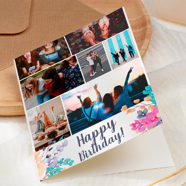 dried wild floral watercolor birthday 7 photo grid card (Creator Uploaded)