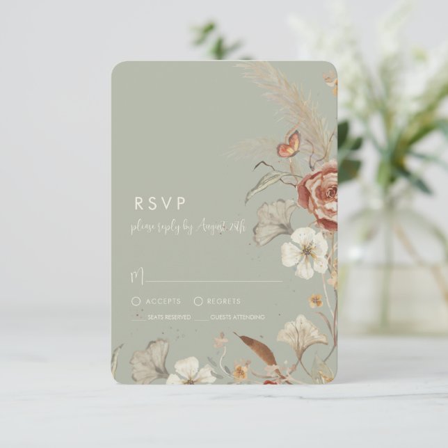 Dried Wildflower Floral BOHO Sage Green Wedding RSVP Card (Standing Front)