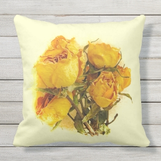 Dried Yellow Rose Flowers Outdoor Pillow