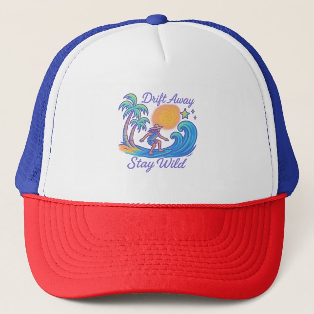 "Drift Away & Stay Wild – Neon Surfer Vibes" Trucker Hat (Front)