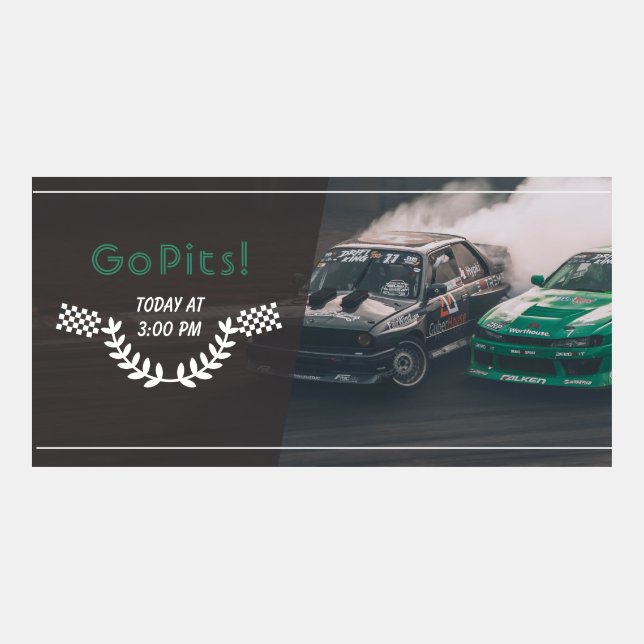 Drift cars images, grey block and green title twitter post (Front)