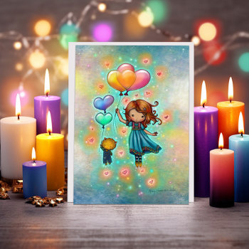Drifting Heart Pals Girl And Kitty With Balloons Card by Catchthemoon at Zazzle