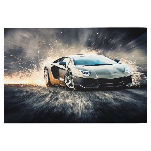 Drifting Sleek Black Sports Car Metal Wall Art (Front)