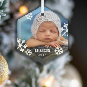 Drifting Snowflakes Baby Photo Add Name & Year Glass Ornament