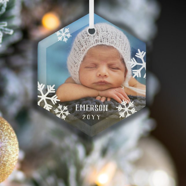 Drifting Snowflakes Baby Photo Add Name & Year Glass Ornament (Creator Uploaded)