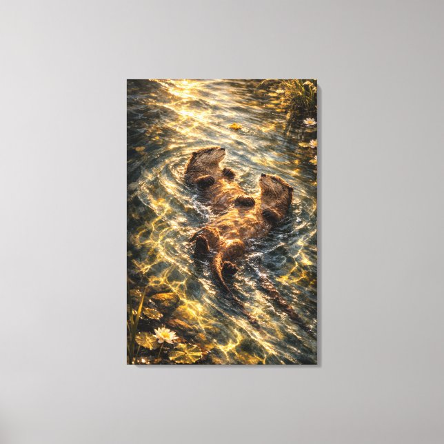 Drifting Together | Otter Art | Stretched Canvas Print (Front)