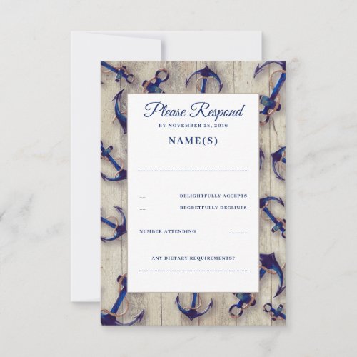 Driftwood and Navy Blue Anchors Wedding RSVP Cards - Nautical wedding reply cards
