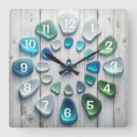Driftwood and Sea Glass Square Wall Clock