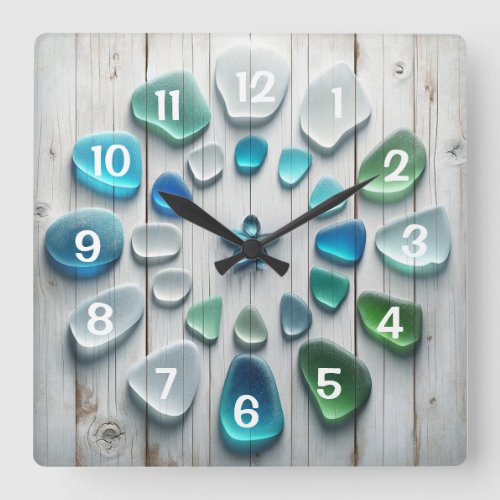 Driftwood and Sea Glass Square Wall Clock