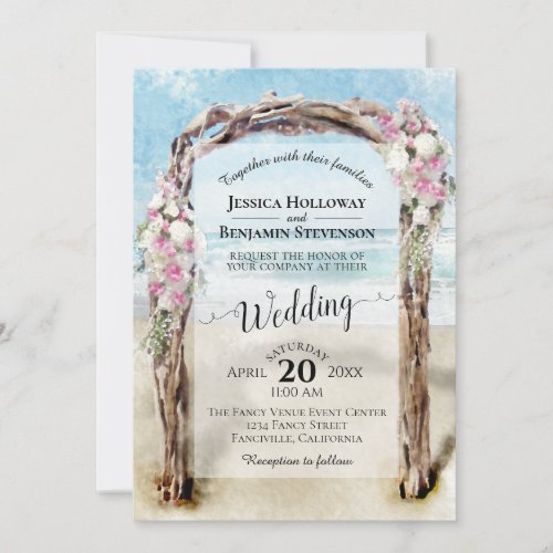 Driftwood Arch Pink  White Roses Beach Wedding Invitation