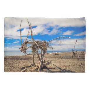 Driftwood artwork on Hokitika Beach, New Zealand Pillow Case