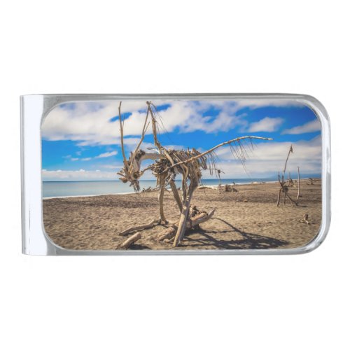 Driftwood artwork on Hokitika Beach New Zealand Silver Finish Money Clip