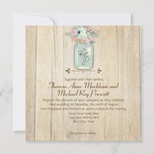 Driftwood Barn Wood Rustic Mason Jar Garden Floral Invitation (Front)