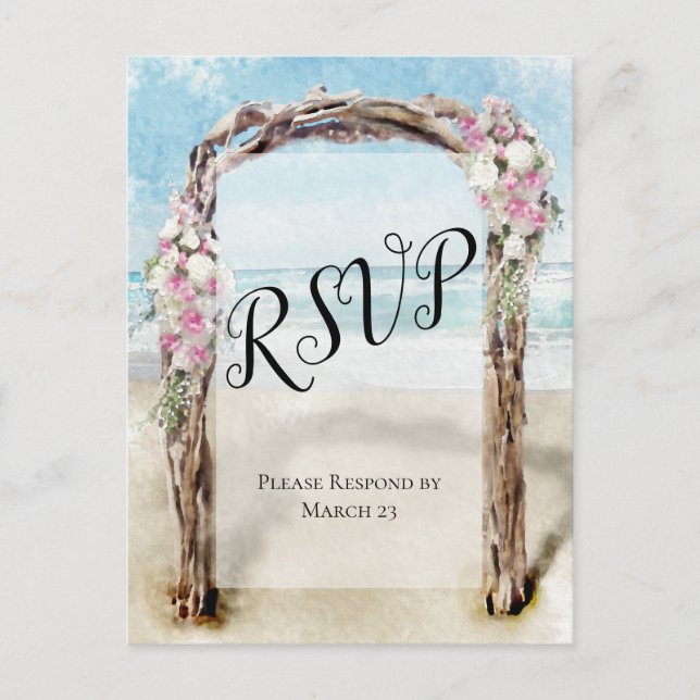 Driftwood Beach Arbor with Roses Wedding RSVP Postcard (Front)