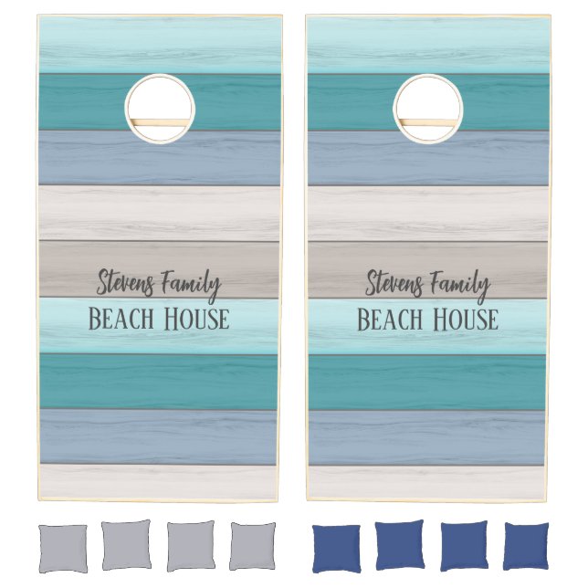 Driftwood beach house Teal Blue Personalized Cornhole Set (Set)