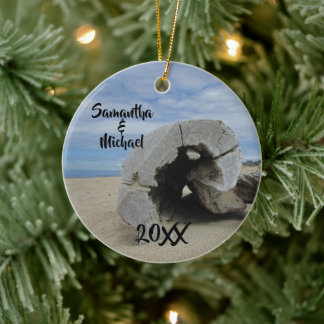 Driftwood Beach Wedding Newlywed First Christmas Ceramic Ornament