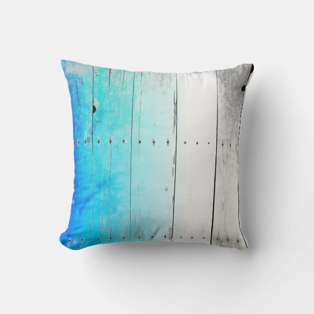 Driftwood Blue Painted Wood Weathered Nautical Throw Pillow (Front)