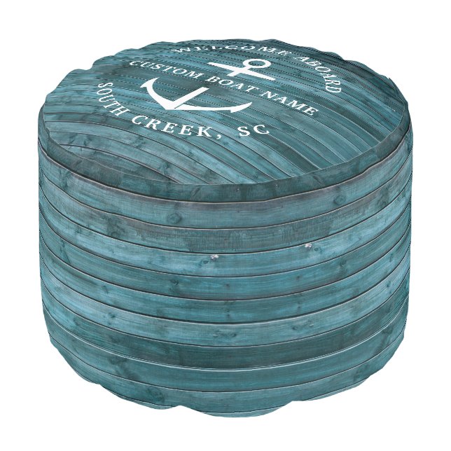 Driftwood Boat Name Welcome Aboard Nautical Modern Pouf (Angled Front)
