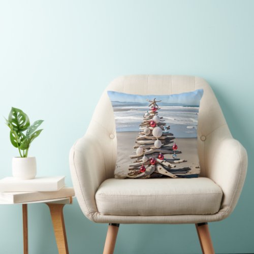 Driftwood Christmas Tree With Starfish Throw Pillow