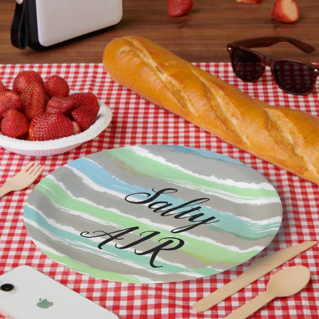 Driftwood Gray Blue Green Stripes Salty Air Paper Plates (Picnic)
