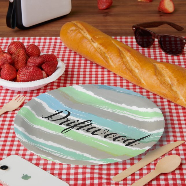 Driftwood Gray Blue Green Stripes Watercolor Paper Plates (Picnic)
