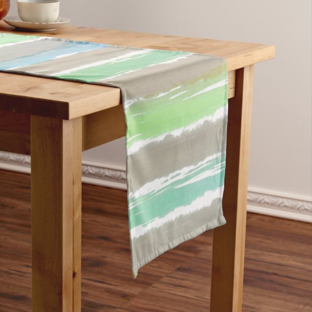 Driftwood Gray Green Blue Watercolor Stripes Long Table Runner (In Situ)